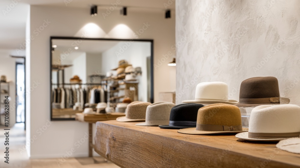 Fototapeta premium Elegant Hats Displayed in a Modern Boutique with Stylish Interior Design and Selective Focus