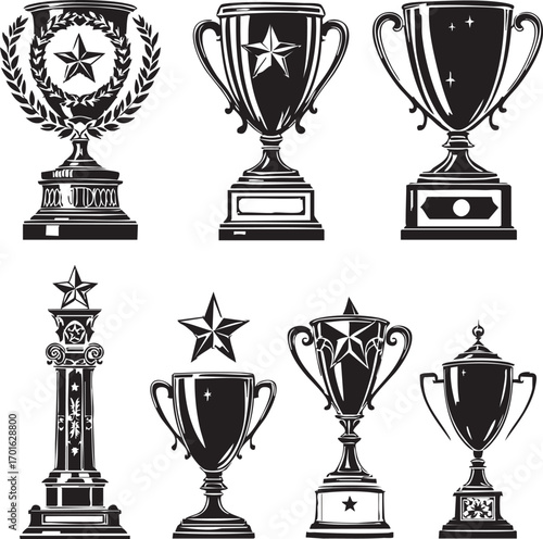Set of 7 trophy and award illustrations with stars and laurel wreaths black and white line art for recognition and success themes