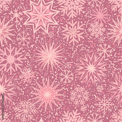 Abstract winter pattern with snowflakes and geometric shapes in pink hues, patern seamless, royalty stock.