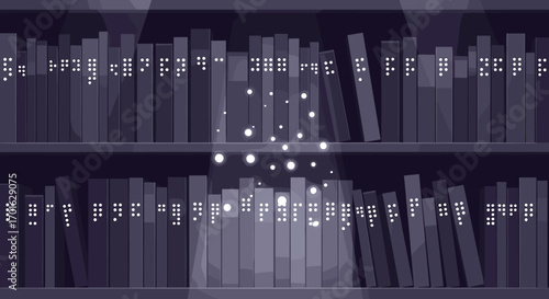 Magical glowing books on shelves with light particles.