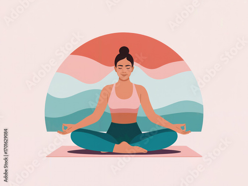 Wallpaper Mural Yoga meditation woman practicing mindfulness and relaxation in lotus pose, flat vector illustration, healthy lifestyle and wellness concept with calm background, peaceful exercise for balance and harm Torontodigital.ca