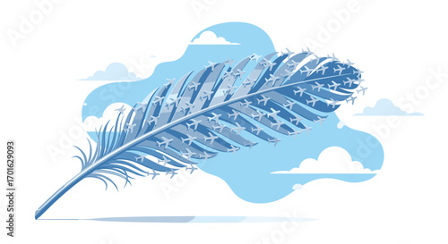 A delicate blue feather floats gracefully against a soft sky background.