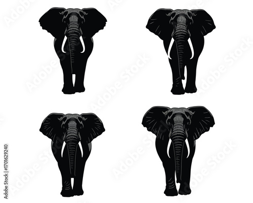 Four identical black elephants standing facing forward with tusks visible against a white background in a grid layout