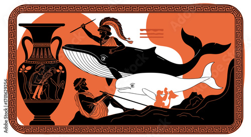 Ancient Greek Mythological Scene with Whales and Amphora.