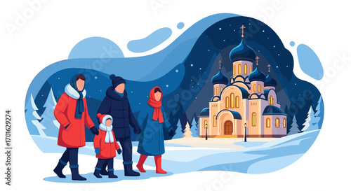 Family walking towards a glowing church in a snowy winter landscape at night.
