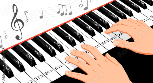 Hands Playing Piano With Musical Notes Floating Above.
