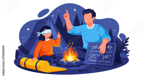 Father Teaching Daughter About Stars Around Campfire.