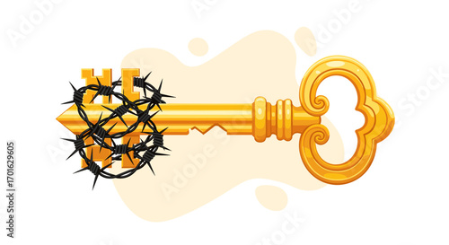 Golden Key Wrapped in Thorns and Flames Symbolizing Sacrifice and Redemption.
