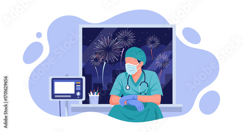 Doctor wearing mask and gloves with fireworks in background.