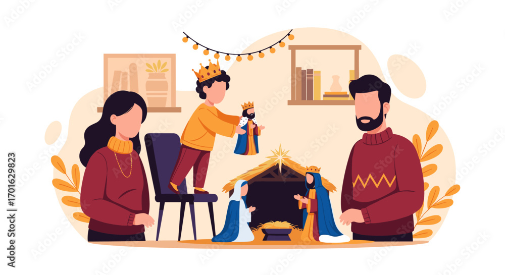 Fototapeta premium Family Building Nativity Scene Together at Christmas.