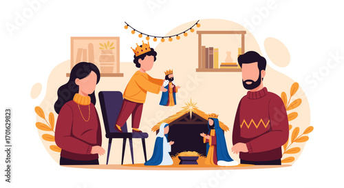 Family Building Nativity Scene Together at Christmas.