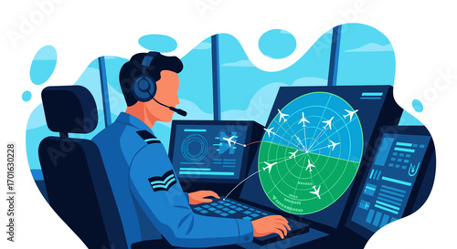 Air Traffic Controller Working at Radar Screen.