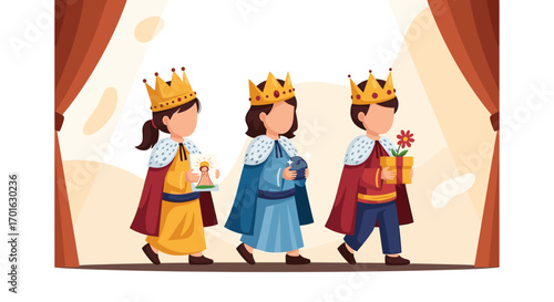 Children dressed as kings and queens in a play.