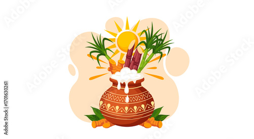 Pongal festival celebration with sugarcane and sun.
