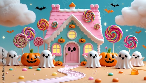cute pastel candy house decorated with pumpkins, lollipops, and smiling ghosts