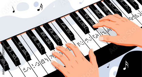 Hands Playing a Piano Keyboard with Musical Notes.