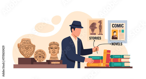 Man in Hat Examining Artifacts and Books.