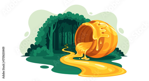 Golden Honey Pot Spilling in a Lush Forest Setting.