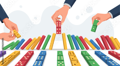 Hands Playing Dominoes Game Strategy and Business Concept.