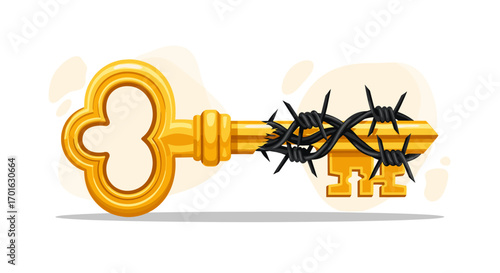 Golden Key Wrapped in Barbed Wire Symbolizing Restricted Access.