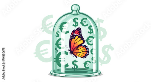 Butterfly trapped inside a glass dome with currency symbols.