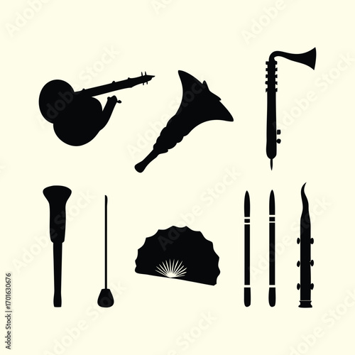 Silhouette Collection of Musical Instruments on Cream Background