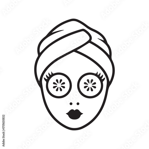 Woman in towel wrap with eye patches, beauty and spa treatment line art icon. Skincare routine vector.
