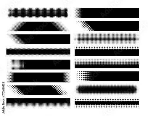 Halftone title frame. Black halftone dotted banners with fading gradient dot textures, rectangular and rounded bars. Retro pop art comic design elements for posters, prints, web layouts. Vector set