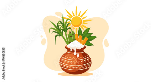 Pongal festival pot with sugarcane and sun.