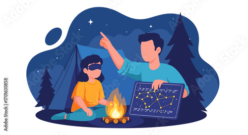 Father and child stargazing at night with constellation map.