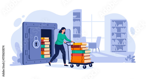 Woman Safely Storing Books in a Secure Vault.