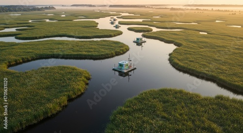 Fototapeta Naklejka Na Ścianę i Meble -  Aerial view of floating research stations in a serene wetland landscape