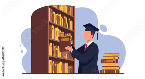 Student in Graduation Cap Selecting Book from Library Shelf.