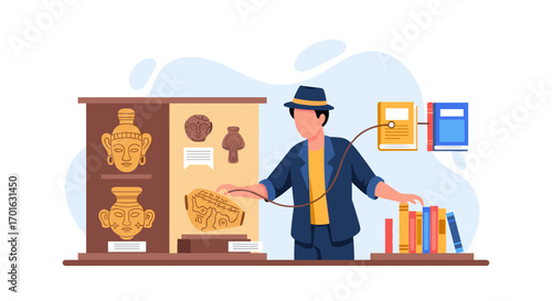 Man in Museum Looking at Ancient Artifacts and Books.