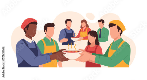 Volunteers serving food to people in need.