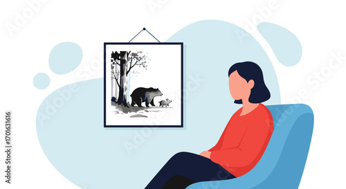 Woman contemplating artwork of a bear in a forest setting.