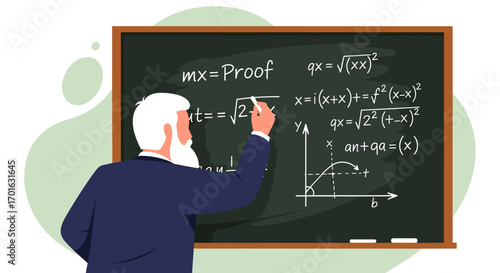 Professor teaching mathematics with formulas on blackboard.