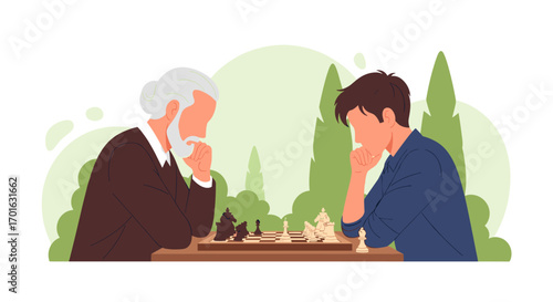 An old man and a young man playing chess outdoors.
