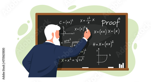Professor writing mathematical proof on blackboard with formulas and graphs.
