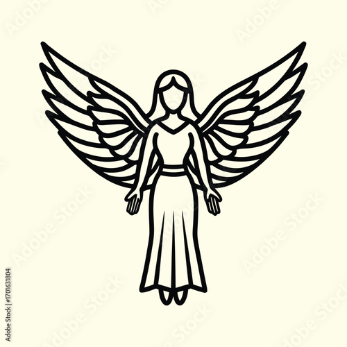 Stylized Outline of Winged Angel Figure with Open Wings and Flowing Gown