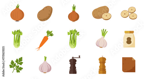 Collection of fresh vegetables and seasonings in flat design