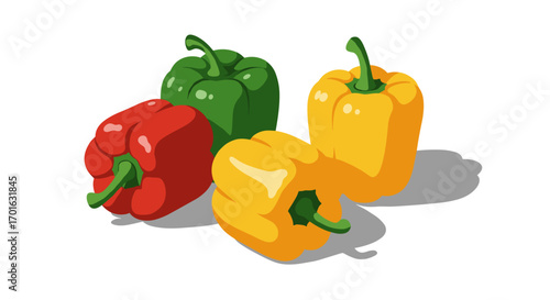 Vibrant capsicum trio on white background featuring bold colorful shadows