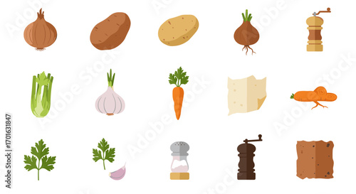 Flat style vegetables and spices collection on white background