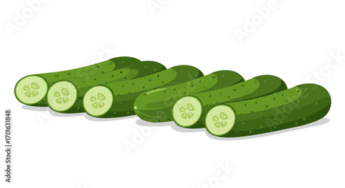 Fresh sliced cucumbers on white background in flat style