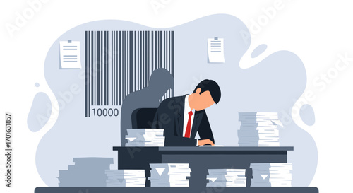 Man Overwhelmed by Paperwork and Barcode Symbolizing Bureaucracy.