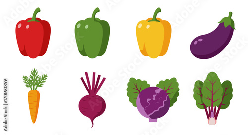 Colorful flat vegetable icons featuring pepper, eggplant, carrot, beet, and cabbage