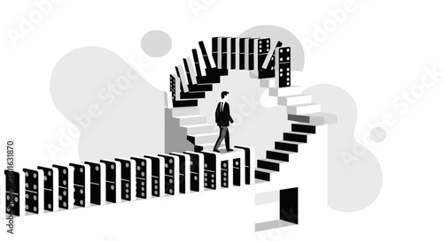 Man Walking on Domino Staircase Path.