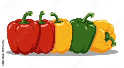 Colorful bell peppers in a row on white background