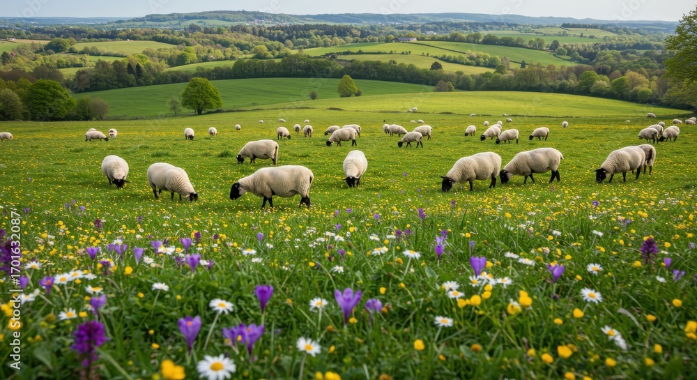 Obraz premium Sheep grazing in a vibrant meadow with rolling hills
