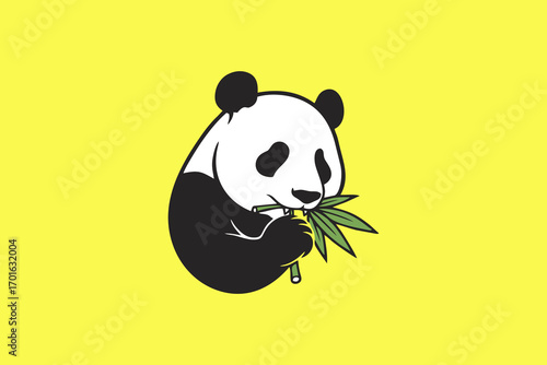 This is a vector image of a panda mascot biting a bamboo leaf, suitable for use in logo designs for paper companies, books, printing, children's toys, accessories, children's clothing, patterned carpe